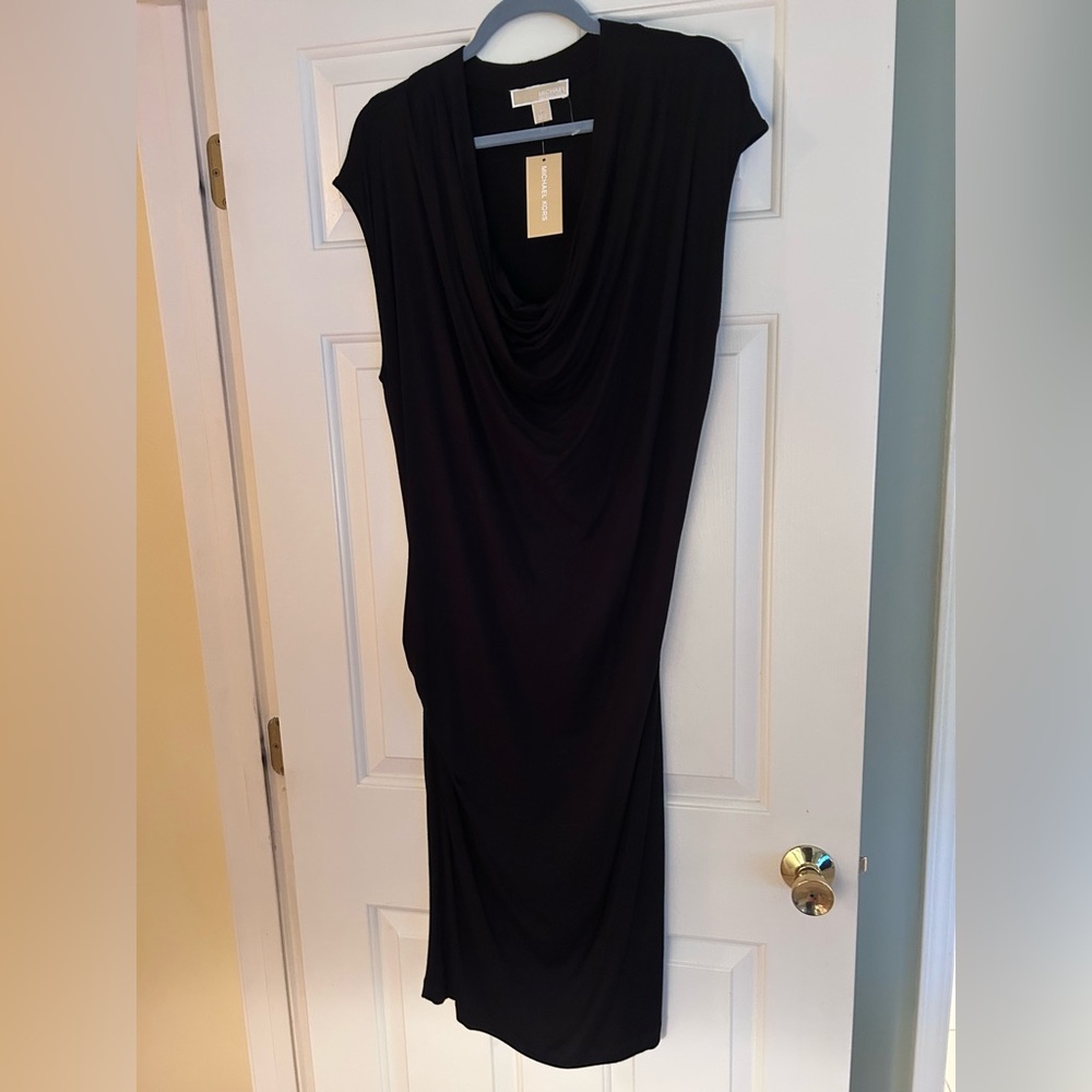 NWT Michael Kors Black Sleeveless Maxi Dress Drape Neck Draping Sides XL